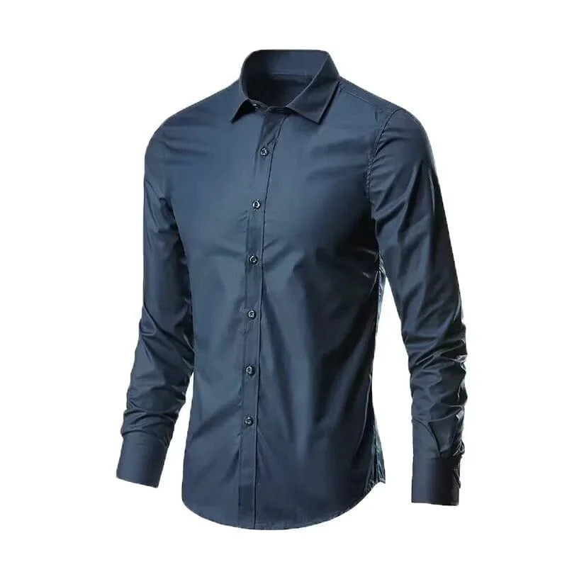 Slim fit men's long sleeve shirt by SHOWLU, anti-wrinkle, breathable, smart casual style for spring and autumn.