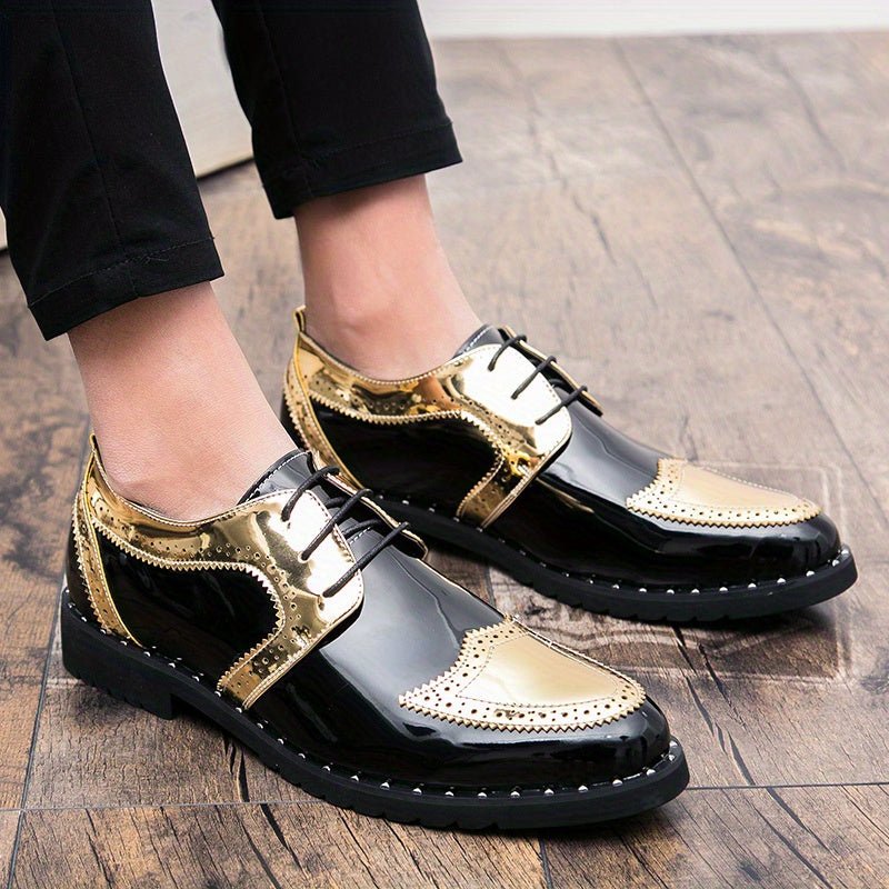 Elegant black and gold wingtip Oxford dress shoes for men, SHOWLU FASHION STORE, with glossy PU leather, perforated details, and rubber sole.