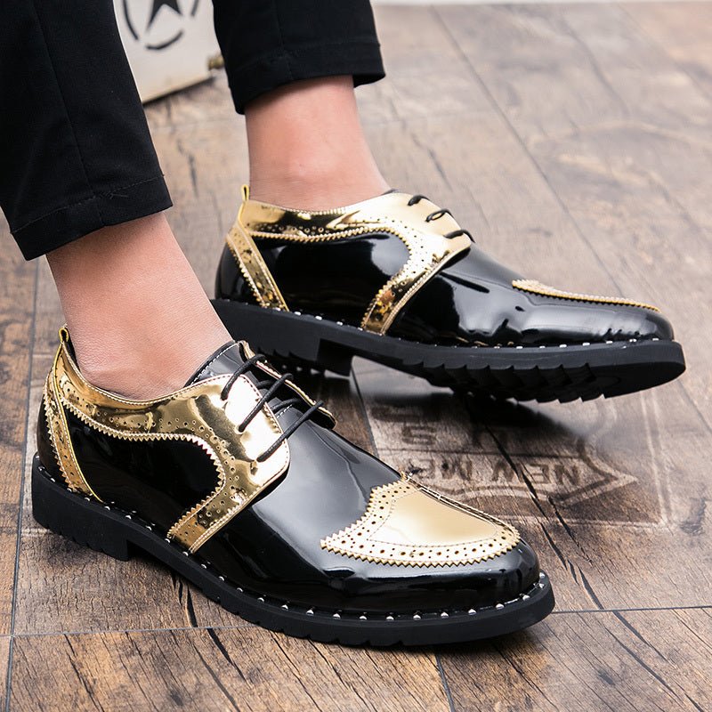 Black and gold wingtip Oxford dress shoes for men, SHOWLU FASHION STORE, glossy PU leather with perforated details and rubber sole.
