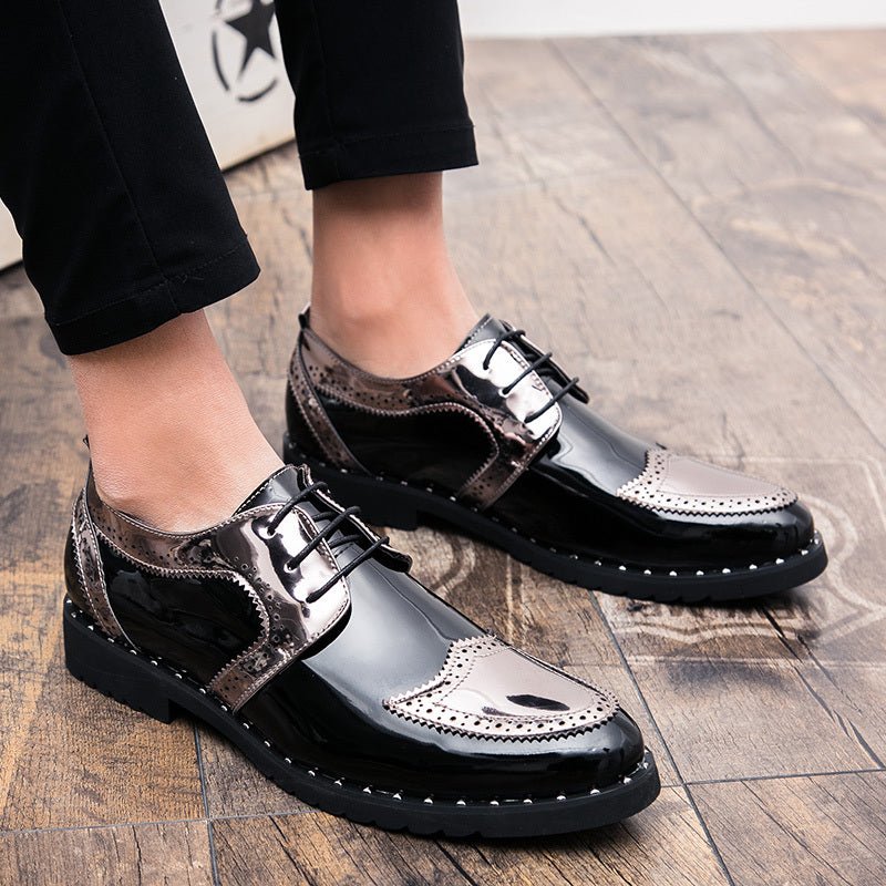 SHOWLU Men's black and gold wingtip oxford dress shoes with glossy PU leather, perforated detailing, rubber sole, and comfortable EVA insole.