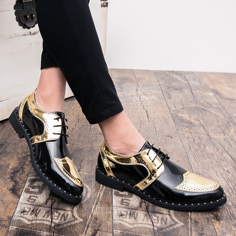 Men's black and gold wingtip Oxford dress shoes by SHOWLU, glossy PU leather with perforated detailing and rubber sole.