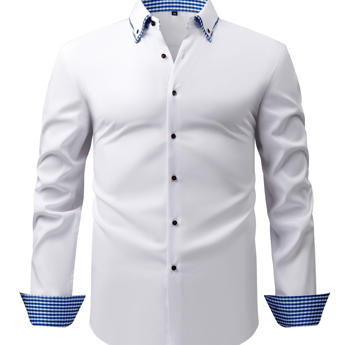 Men's SHOWLU plaid contrast collar long-sleeve business casual shirt with stretch fabric and easy-care design.