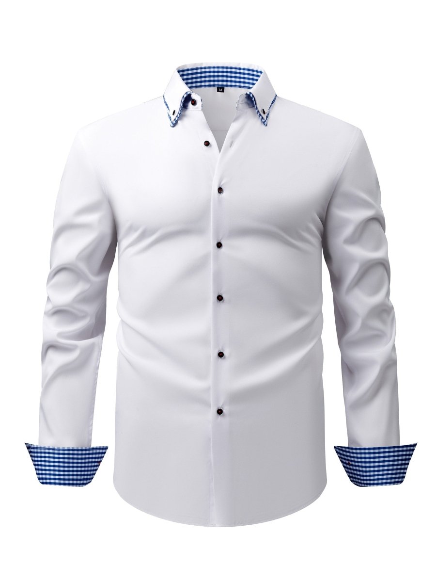 SHOWLU men's plaid contrast collar long-sleeve business casual shirt with stretch fabric and easy-care design.