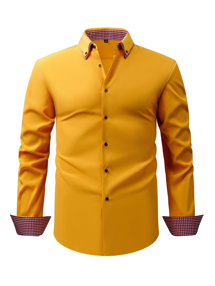 SHOWLU men's plaid contrast collar long-sleeve shirt with business casual style, stretch fabric, and easy-care design.