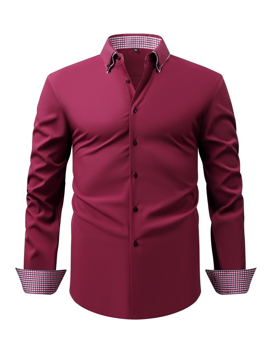 SHOWLU men's plaid contrast collar long-sleeve shirt, ideal for business casual, made from stretch fabric with easy-care design