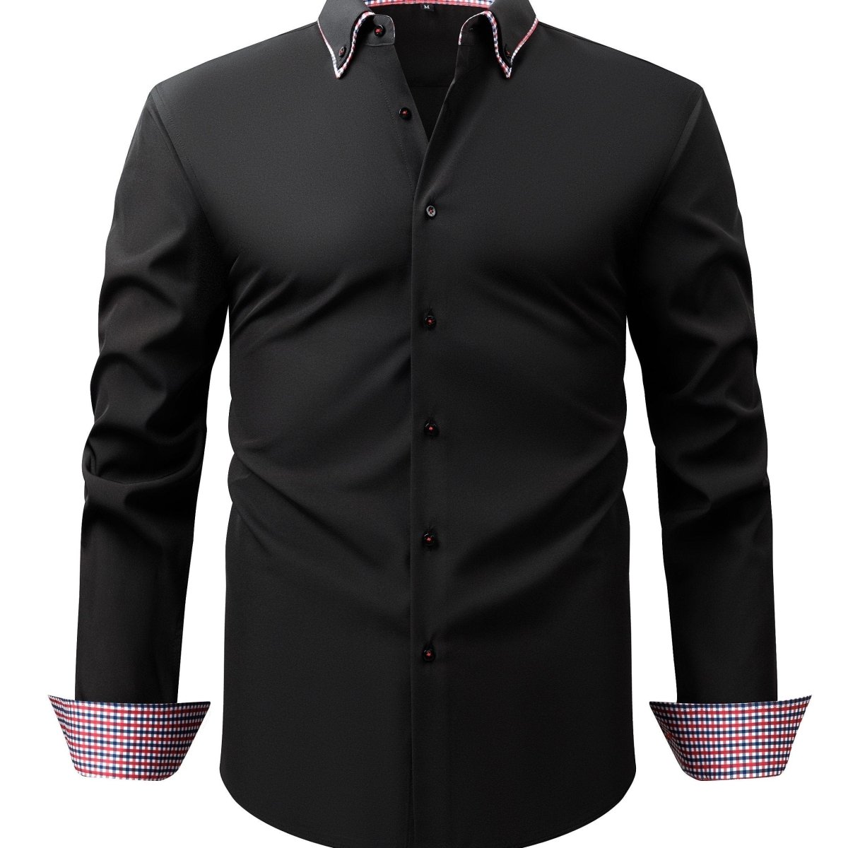 SHOWLU men's plaid contrast collar long-sleeve shirt with business casual style, stretch fabric, and easy-care design.