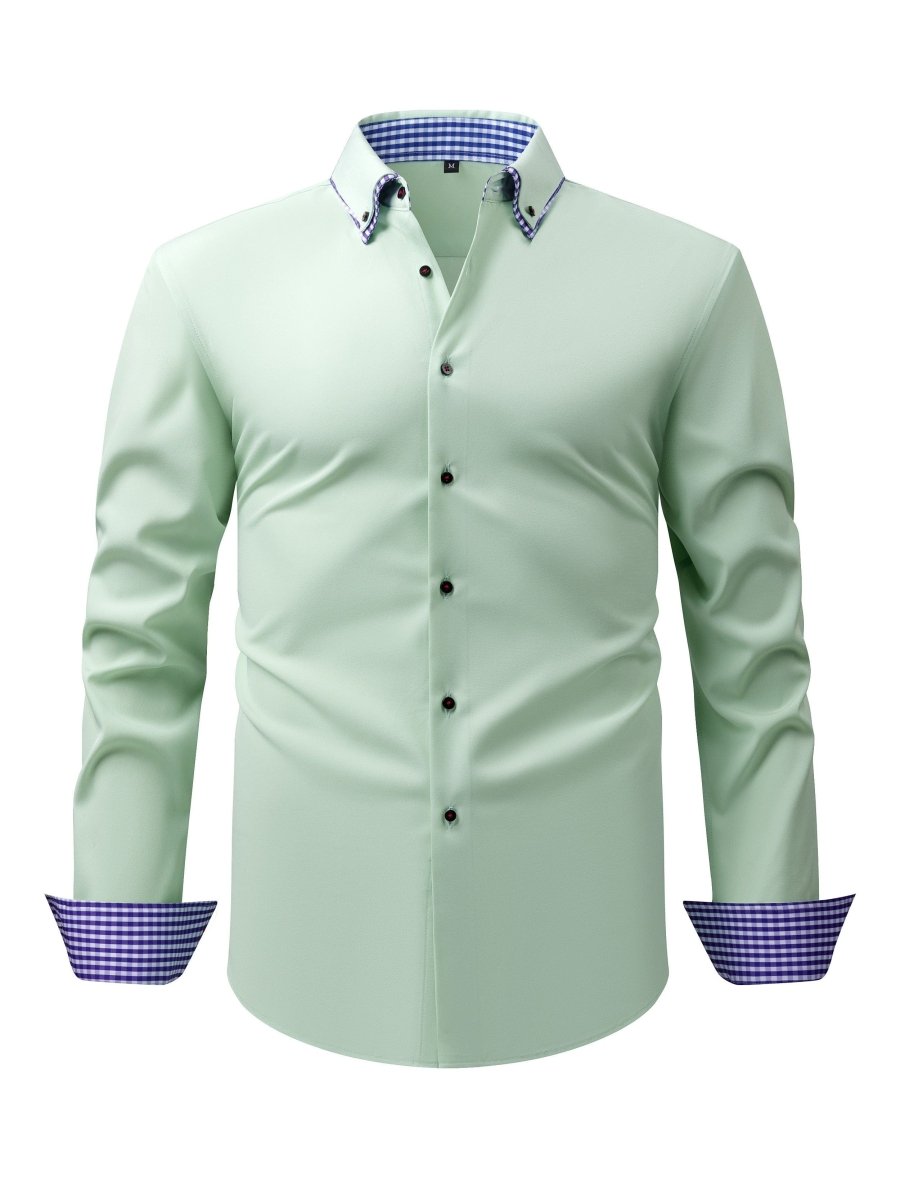 SHOWLU men's plaid contrast collar long-sleeve business casual shirt with stretch fabric and easy-care design.