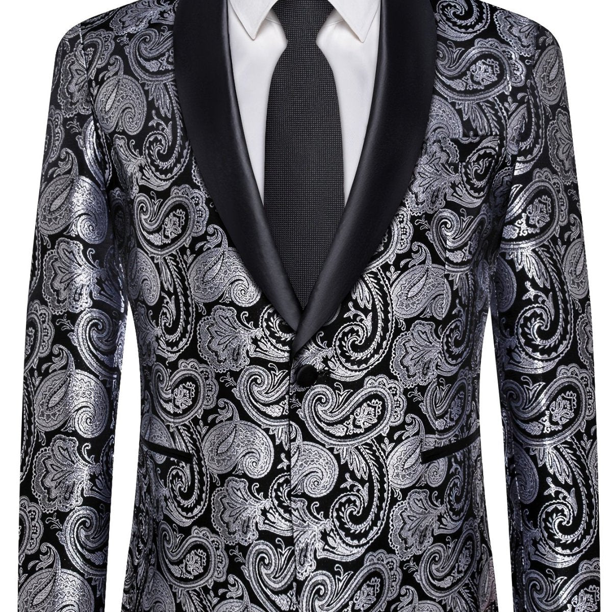 Elegant men's paisley suit set by SHOWLU FASHION, includes slim fit tuxedo, tie, and cufflinks, all-season formal wear.
