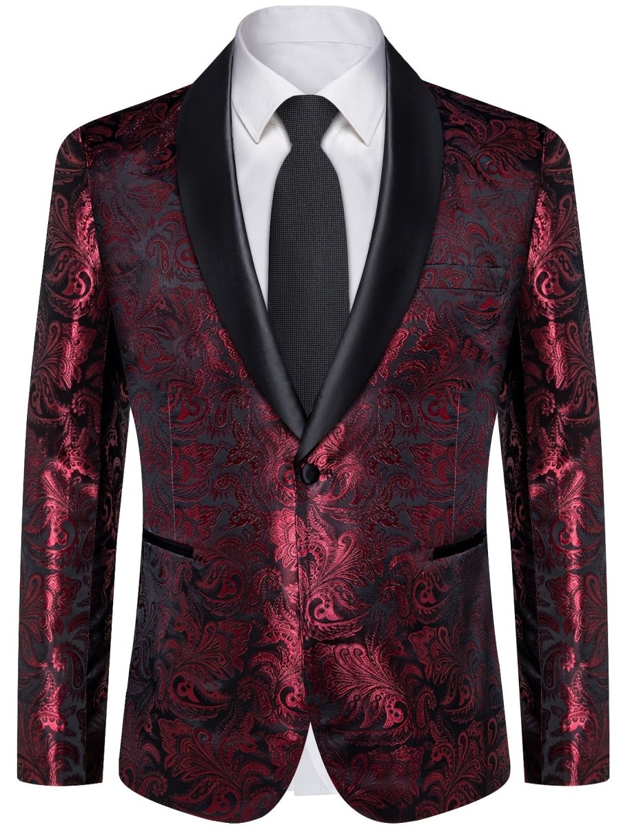 Men's paisley suit set by SHOWLU FASHION, includes slim fit tuxedo jacket, tie, and cufflinks in a stylish woven fabric.