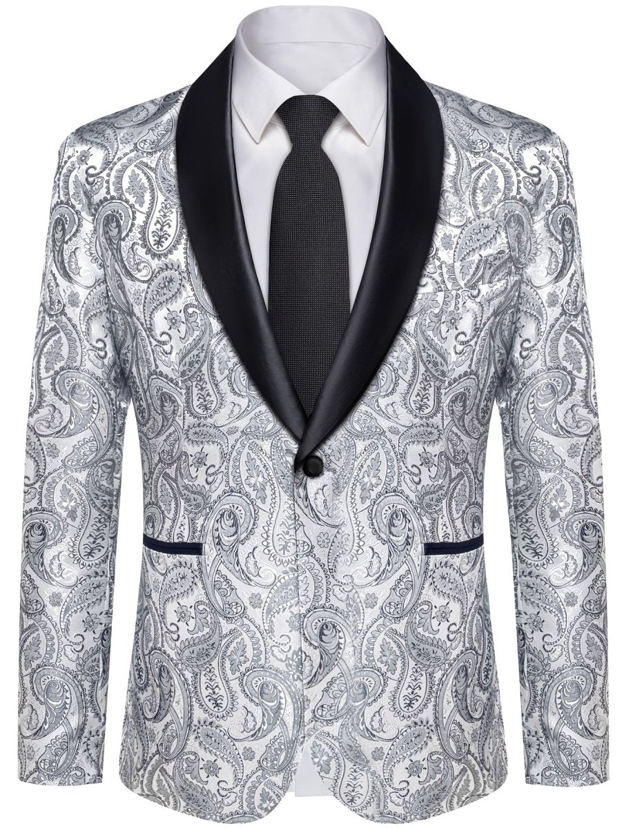 Elegant SHOWLU FASHION men's paisley suit set with tie and cufflinks, slim fit wedding tuxedo jacket, all-season polyester fabric.