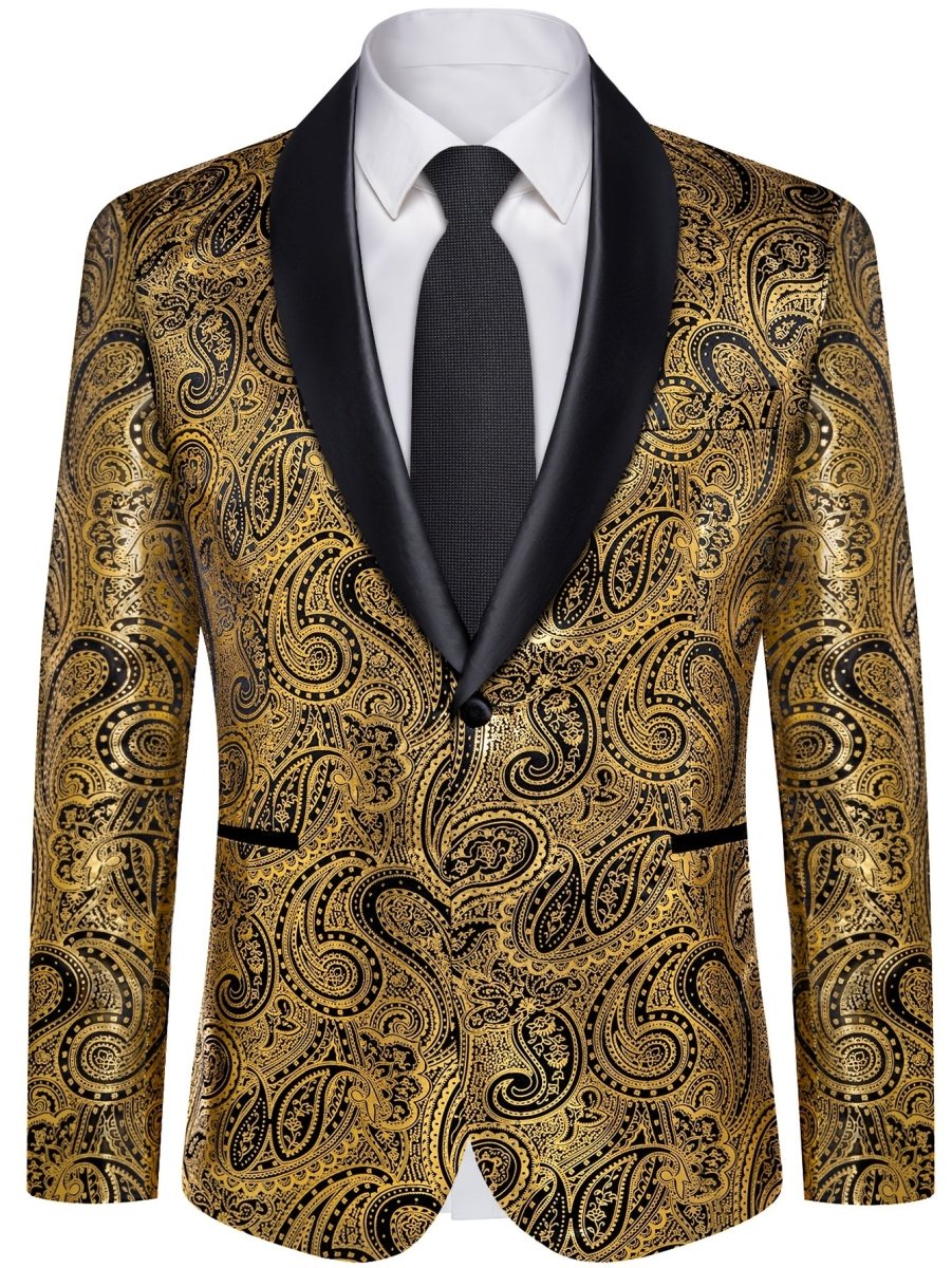 Men's paisley suit set by SHOWLU FASHION, includes jacket, tie, and cufflinks, slim fit wedding tuxedo in woven polyester fabric.