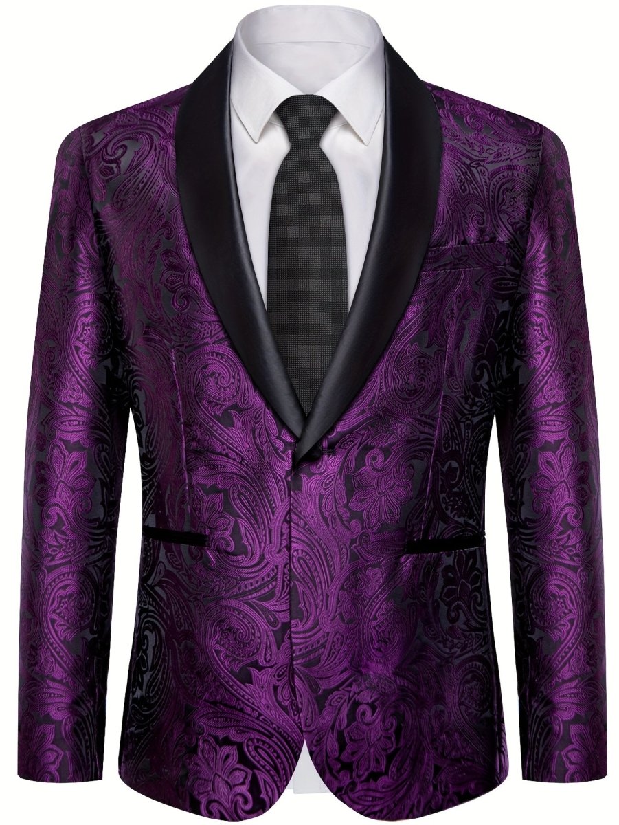 Elegant men's paisley suit set by SHOWLU FASHION with tie, cufflinks, slim fit tuxedo jacket, polyester fabric, all-season style.
