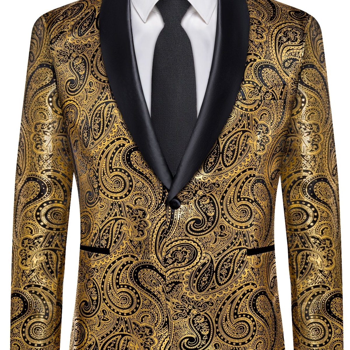 Elegant men's paisley suit set by SHOWLU FASHION, includes tuxedo jacket, tie, and cufflinks, slim fit for weddings and formal events.