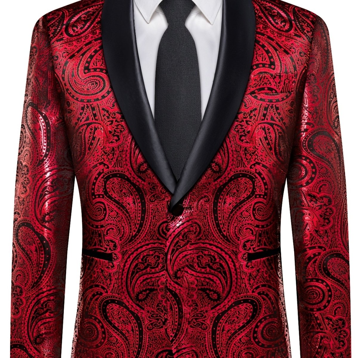 SHOWLU FASHION men's paisley suit set, including slim fit tuxedo jacket, tie, cufflinks, and dress pants in woven fabric.