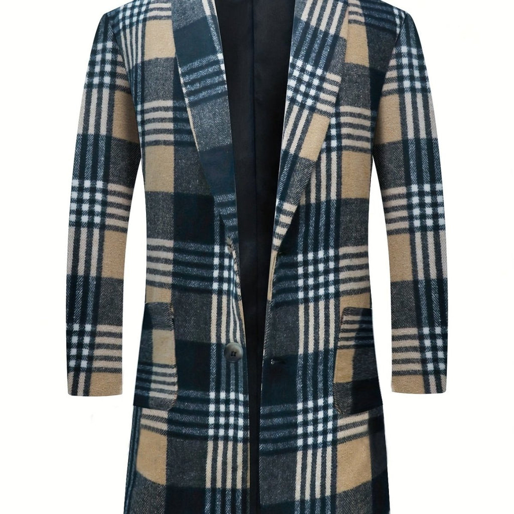 Men's plaid overcoat in British style, mid-length polyester blend coat with pockets, perfect for fall and winter fashion.