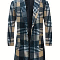Men's plaid overcoat in British style, mid-length polyester blend coat with pockets, perfect for fall and winter fashion.