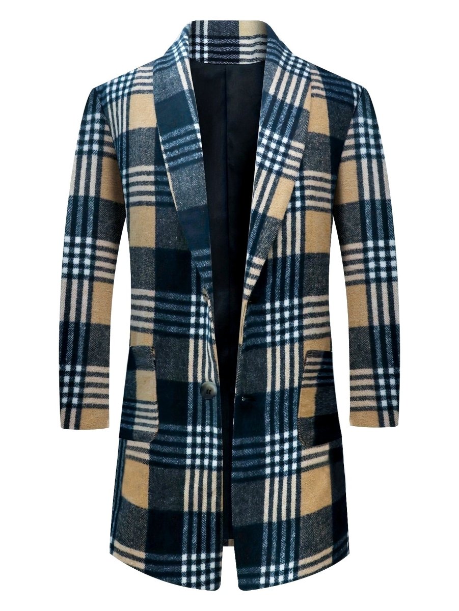 Men's plaid overcoat by SHOWLU Fashion Store, mid-length British-style warm coat with pockets, polyester blend for fall and winter wear.
