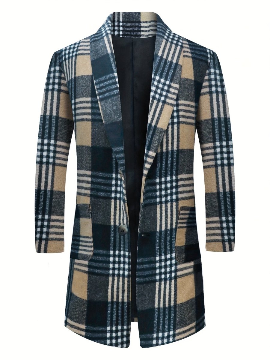 Men's plaid overcoat by SHOWLU Fashion Store, mid-length British-style coat with warm polyester blend and functional pockets.