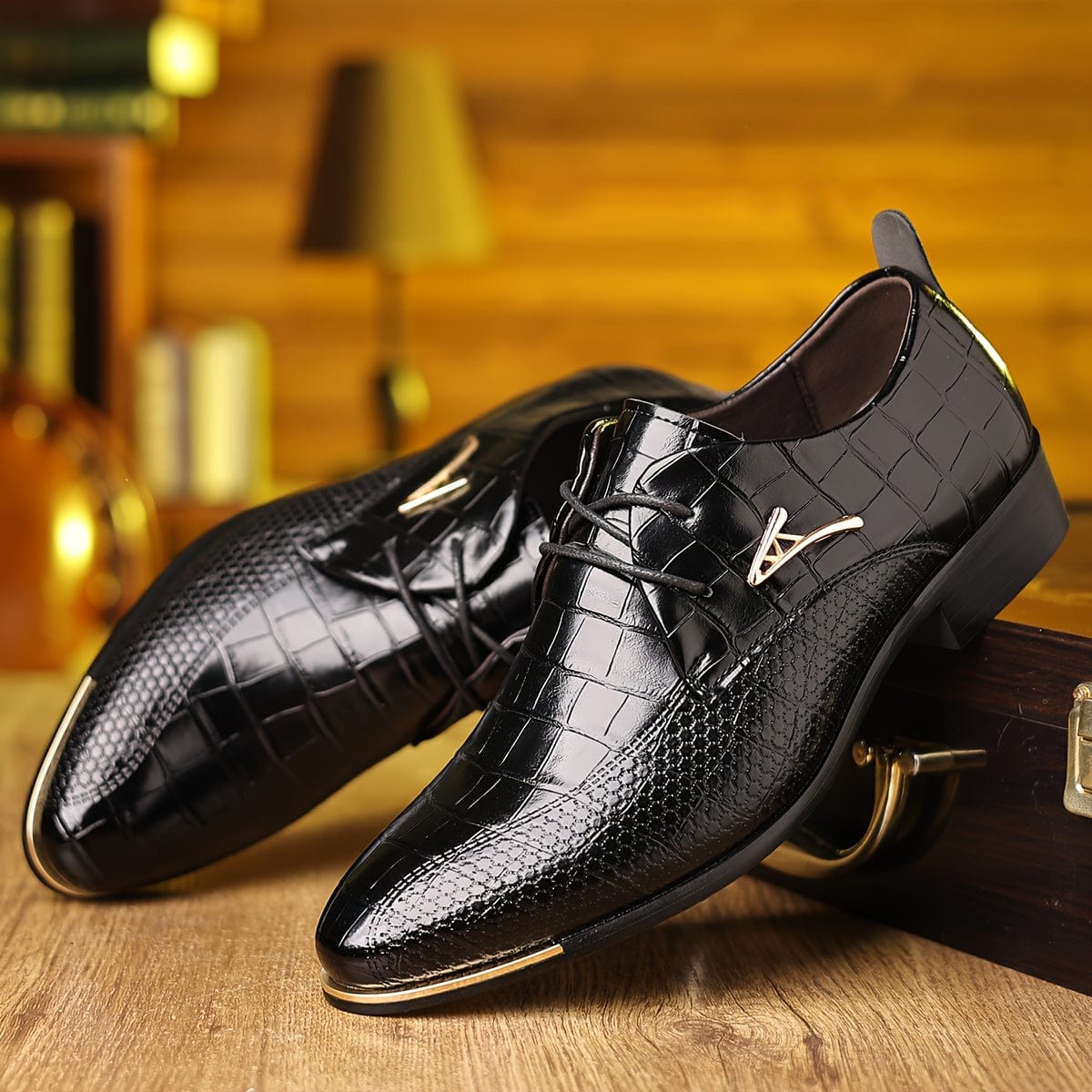 SHOWLU men's pointed-toe dress shoes in black PU leather with lace-up design, soft sole, suitable for business or casual wear.