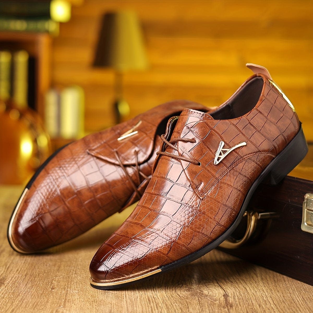 Men's pointed-toe dress shoes in black PU leather with lace-up design, soft sole, and British style for business or casual wear.