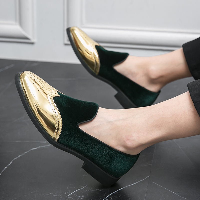 Men's Elegant Slip - On Loafers - Stylish Red & Golden Wingtip Dress Shoes for Weddings, Business, and Casual Events, Round Toe with Rubber Sole, PU Upper Material, Perfect for All Seasons - SHOWLU FASHION STORE