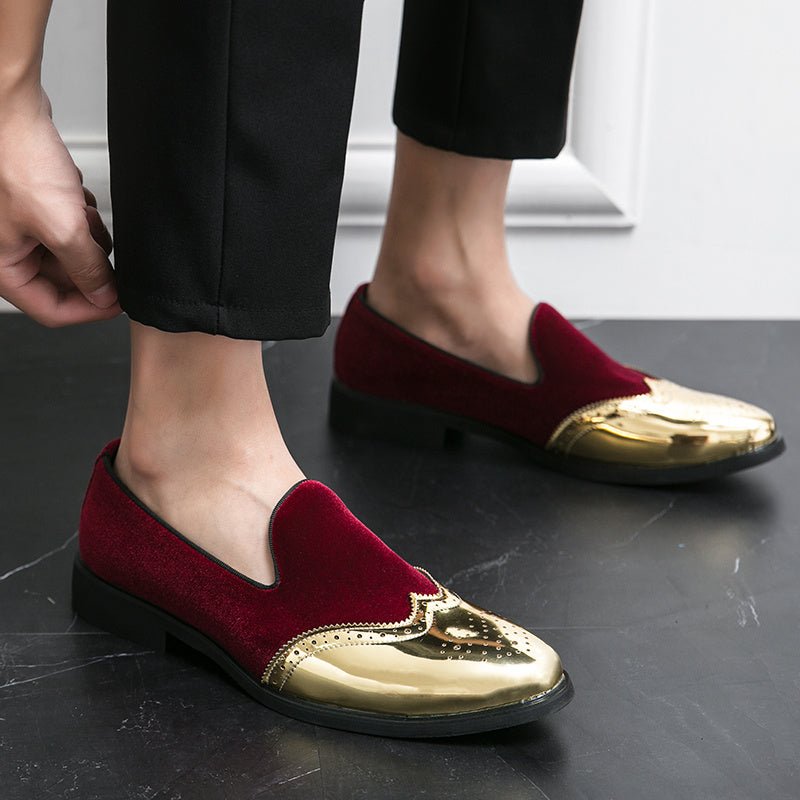 SHOWLU Men's wingtip slip-on loafers in red and gold PU leather with round toe and rubber sole, ideal for dressy and casual occasions.