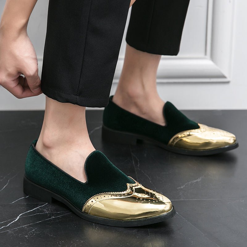 SHOWLU men's wingtip slip-on loafers in red and gold PU leather, stylish dress shoes with round toes and rubber soles.