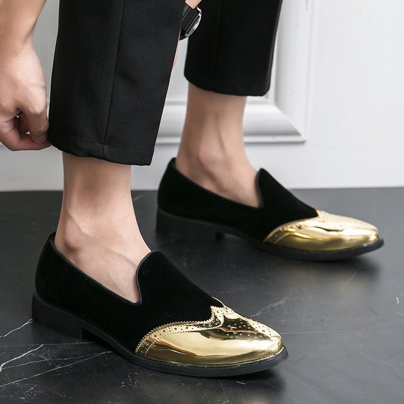 SHOWLU Men's red and golden wingtip slip-on loafers with round toe and rubber sole, made of PU leather for dress and casual occasions.
