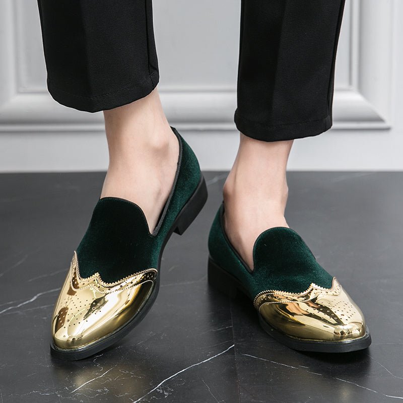SHOWLU men's wingtip slip-on loafers in red and gold PU leather with round toe and rubber sole, suitable for formal and casual occasions.