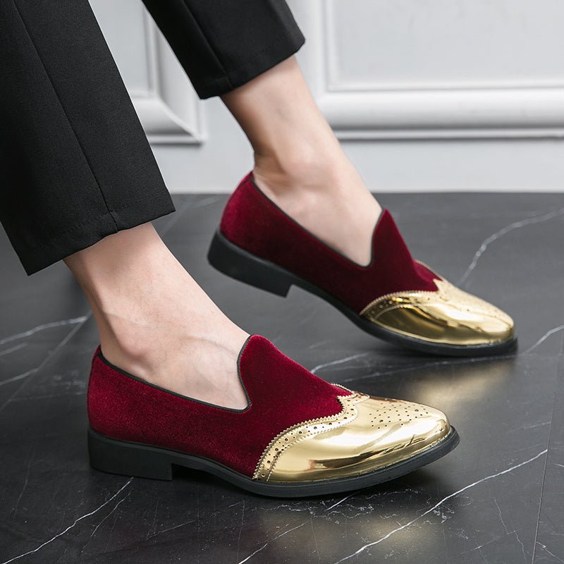 SHOWLU men's wingtip slip-on loafers in red and gold PU leather with round toe and rubber sole, ideal for formal and casual occasions.