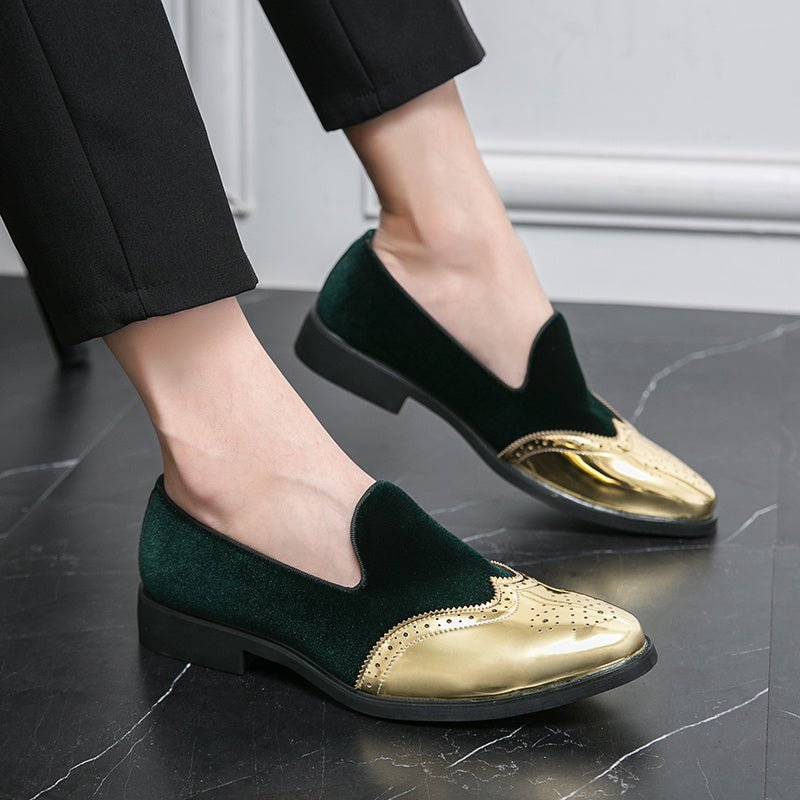 SHOWLU Men's red and golden wingtip slip-on loafers made of PU leather with round toe and rubber sole, suitable for dress and casual occasions.