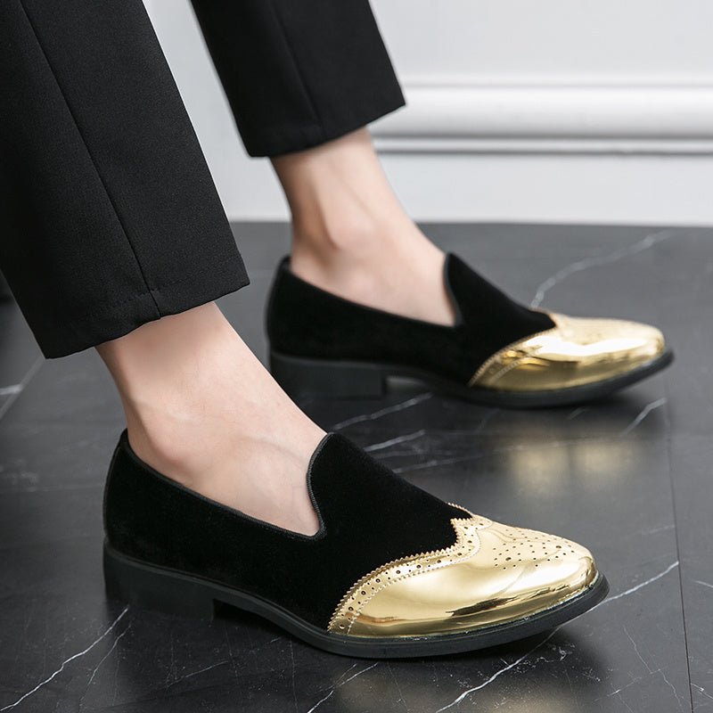 SHOWLU Men's wingtip slip-on loafers in red and gold PU leather with round toe and rubber sole, suitable for dress and casual occasions.