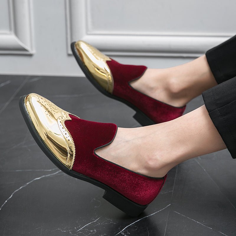 SHOWLU men's red and golden wingtip slip-on loafers with round toe and rubber sole, made of stylish PU leather for dress and casual wear.