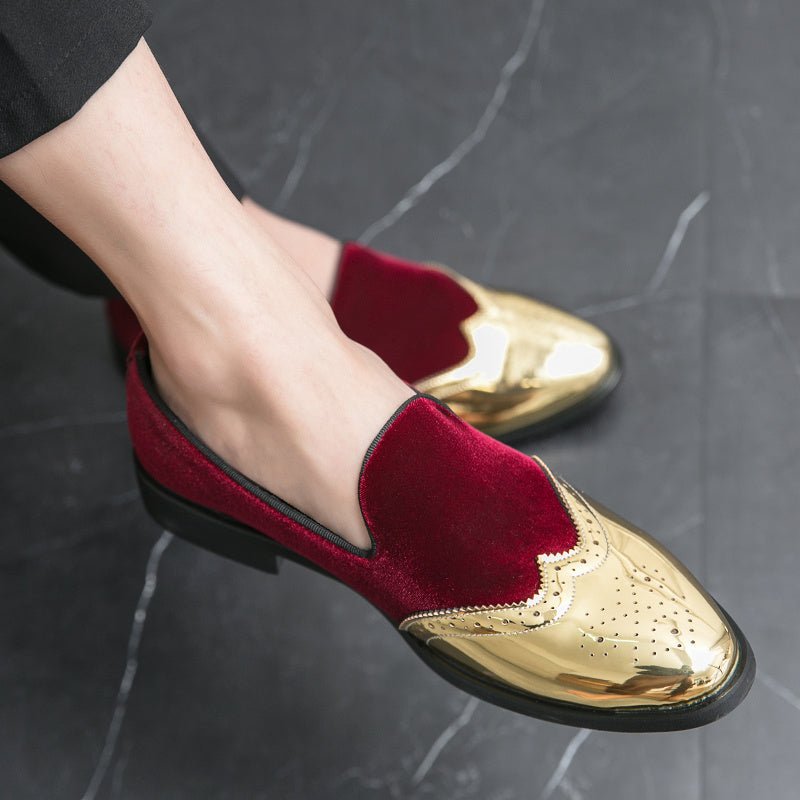SHOWLU men's wingtip slip-on loafers in red and gold PU leather with round toe and rubber sole, ideal for dress and casual occasions.