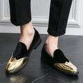 Men's SHOWLU wingtip slip-on loafers in red and gold PU leather with round toe and rubber sole, suitable for dress and casual wear.