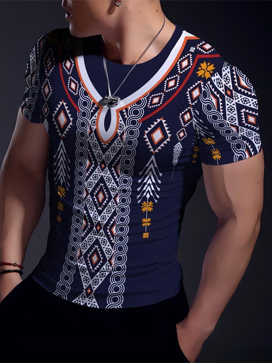 SHOWLU Men's ethnic muscle fit compression T-shirt, breathable sport top with high elasticity and comfortable fit for summer sports.