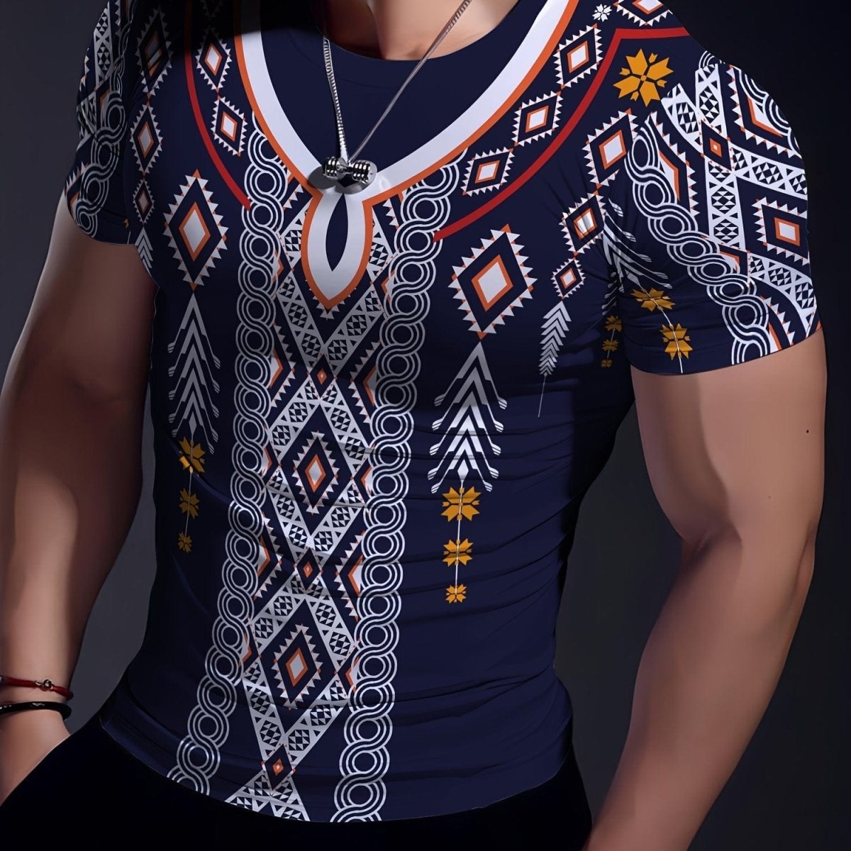 SHOWLU Men's ethnic muscle fit compression T-shirt, breathable sport top with high elasticity, comfortable for summer workouts.