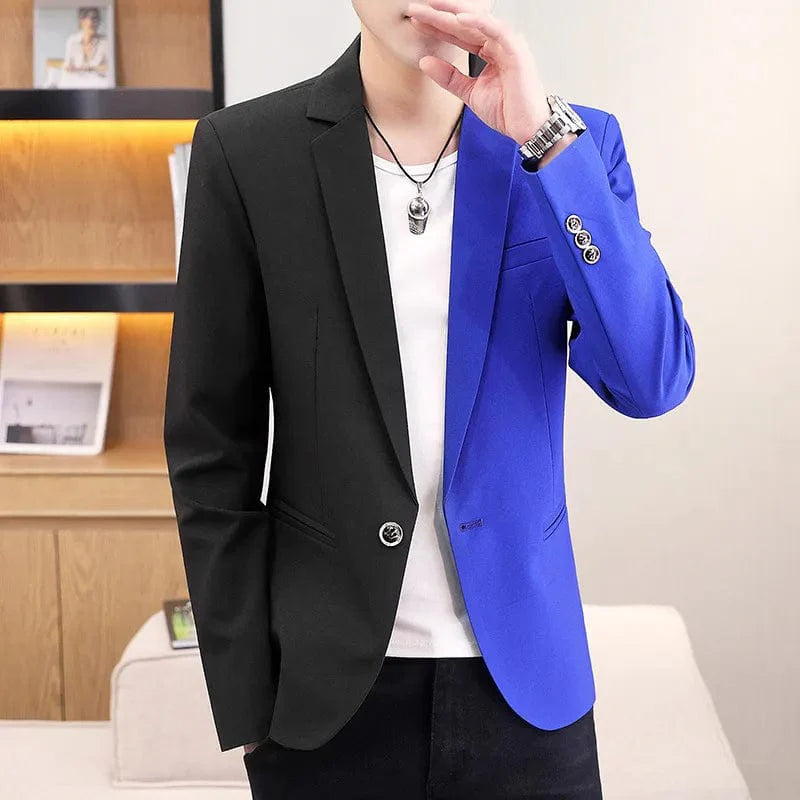 Men's colorblock patchwork blazer by Showlu Fashion, casual preppy style jacket with autumn-inspired dual-tone design.