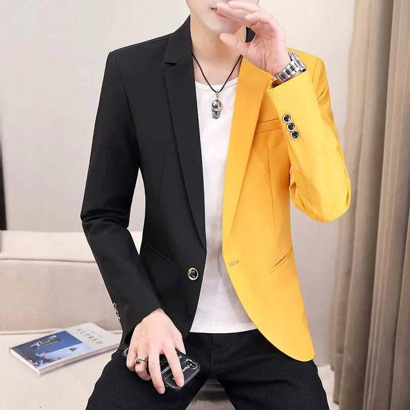 Men's colorblock patchwork blazer by Showlu Fashion, casual preppy style jacket with autumn-inspired dual-tone design and trendy fit.