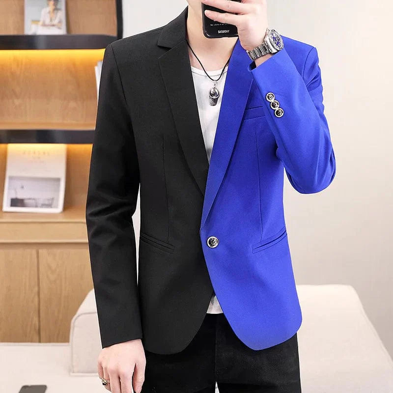Men's colorblock patchwork blazer by Showlu Fashion, casual preppy style jacket with autumn-inspired dual colors and trendy design.