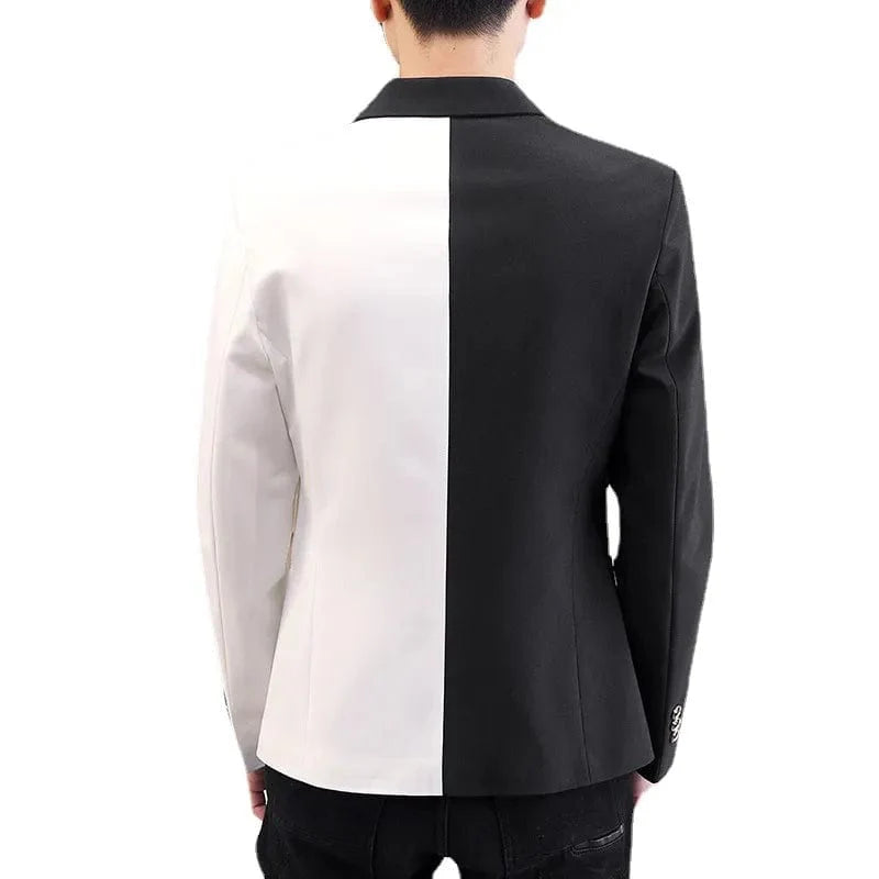 Boussac men's colorblock patchwork blazer by Showlu Fashion, showcasing a casual preppy style jacket with dual-tone design and trendy fit.