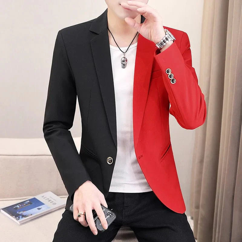 Boussac men's colorblock patchwork blazer by Showlu Fashion, casual preppy style jacket with autumn-inspired dual-tone design.