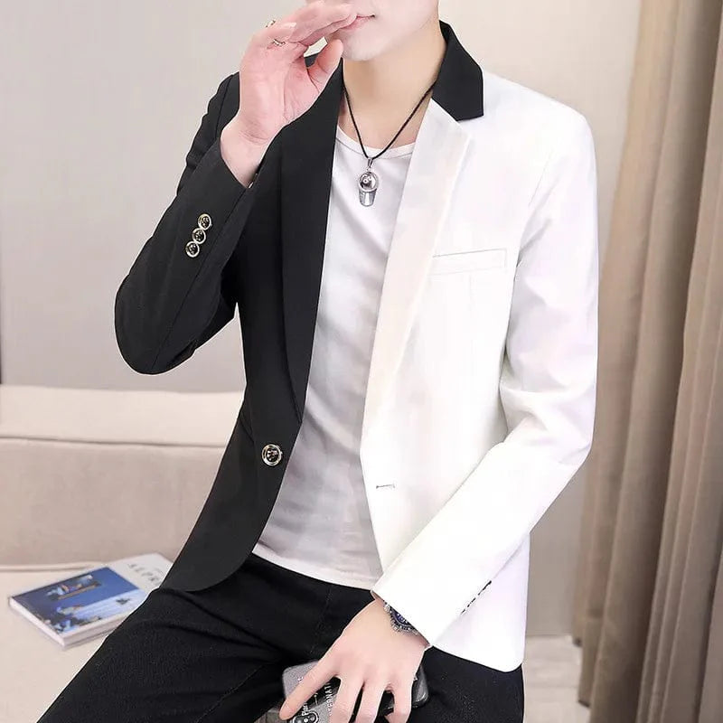 Men's colorblock patchwork blazer by Showlu Fashion, casual preppy style jacket with autumn-inspired dual-tone design and trendy fit.