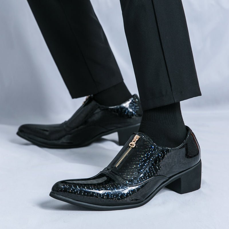 SHOWLU Men's formal slip-on dress shoes with PU leather upper, solid color plaid pattern, rubber sole, ideal for business or weddings.