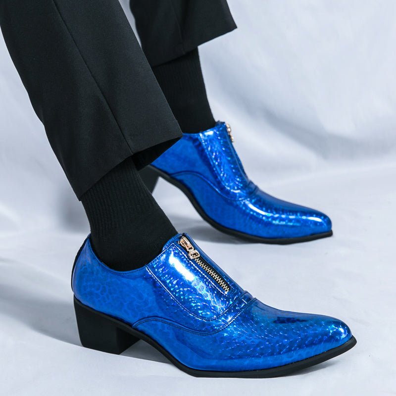 SHOWLU men's formal dress shoes with slip-on design, PU leather upper, rubber sole, featuring solid color and plaid pattern.