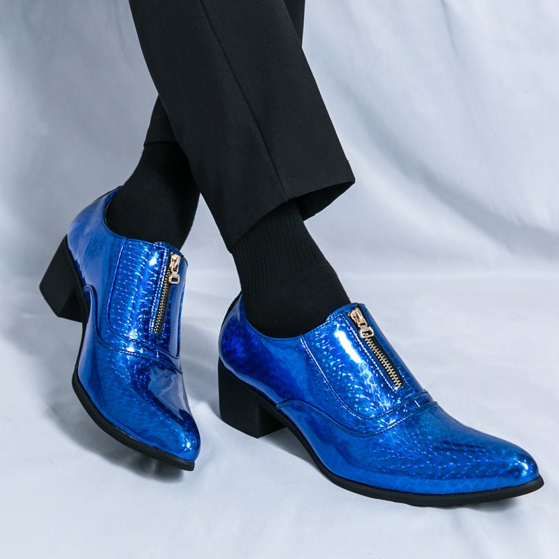 SHOWLU Men's formal dress shoes with slip-on design, PU leather upper, plaid pattern, rubber sole, suitable for business or wedding.