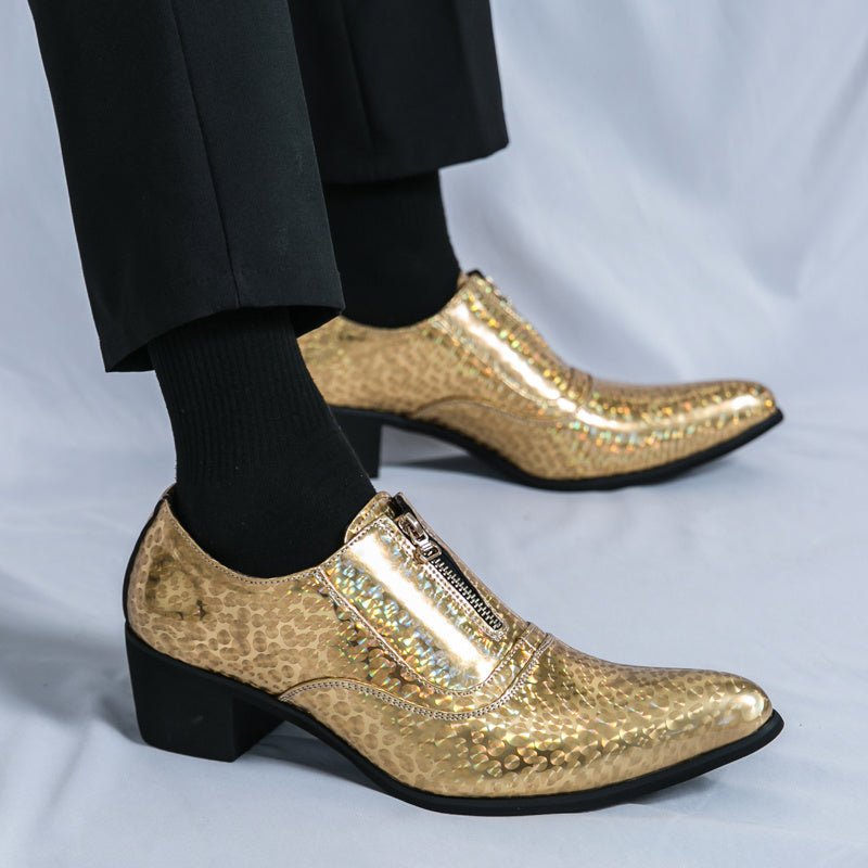 SHOWLU men's formal dress shoes with slip-on design, PU leather upper, rubber sole, striped plaid pattern, suitable for business and weddings