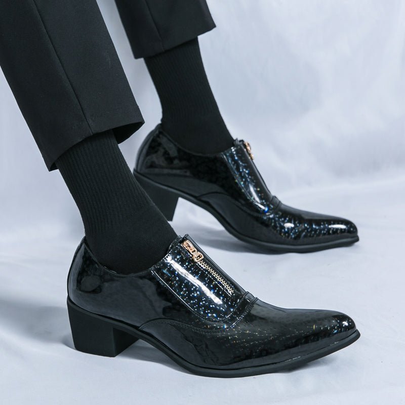 SHOWLU Men's formal slip-on dress shoes with PU leather upper, striped plaid pattern, rubber sole, ideal for business and wedding attire.