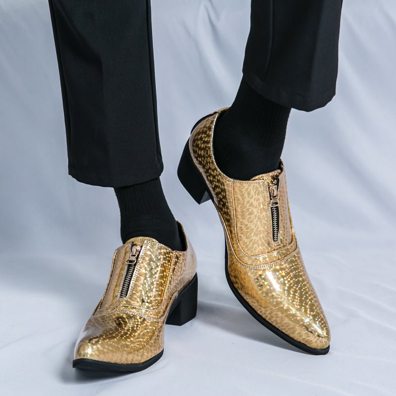 SHOWLU Men's formal slip-on dress shoes in PU leather with plaid pattern, rubber sole, and low-top design for business and wedding occasions.