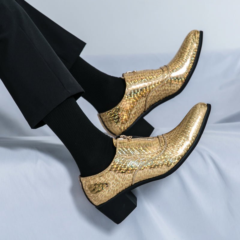 SHOWLU Men's formal dress shoes with slip-on design, PU leather upper, rubber sole, and striped plaid pattern for business or wedding wear.